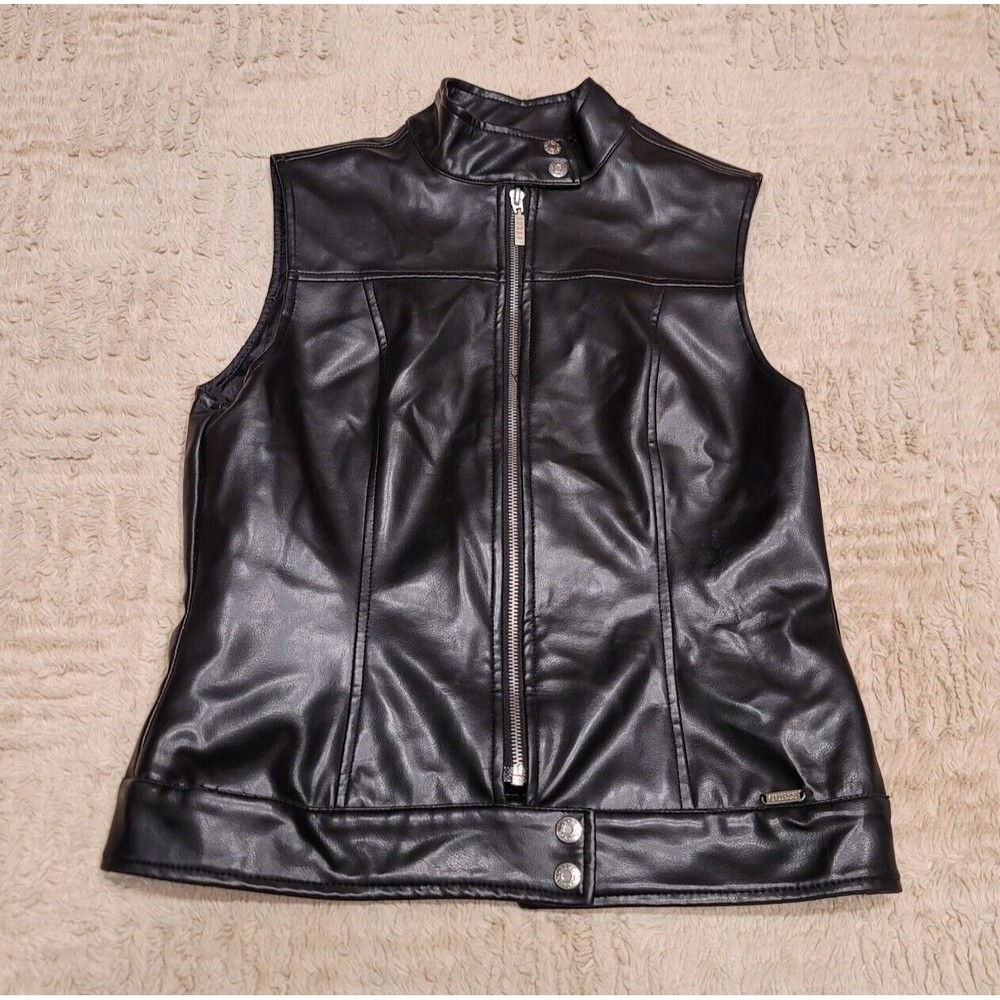 Guess Outerwear USA Womens Medium Black Faux Leather Biker Vest Full Zip EUC